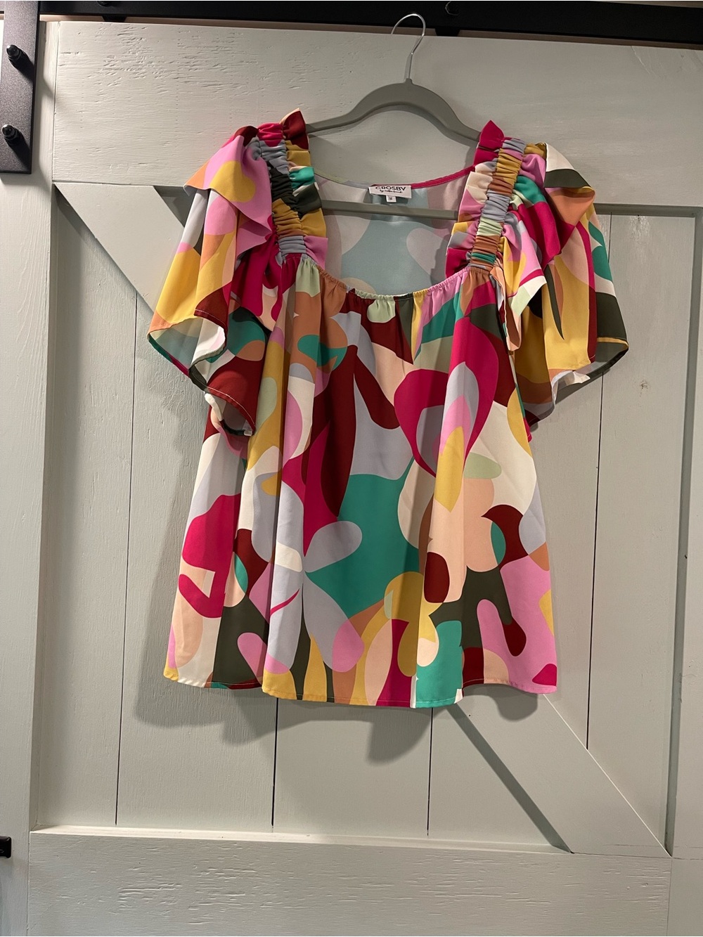 CROSBY by Mollie Burch Pink Multi-Color Abstract Ruffle Sleeve Top